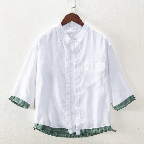 

2021 new short-sleeved pure linen shirt brand fashion shirts for stand collar with pocket elastic cuffs and hem men vwwl, White