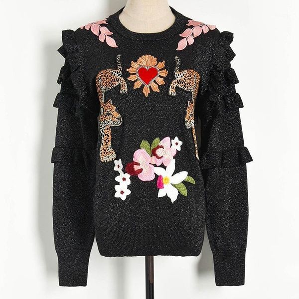 

women's knitted sweater 2021 patch flower love double leopard figure gold thread sleeve hedging sweaters, White;black