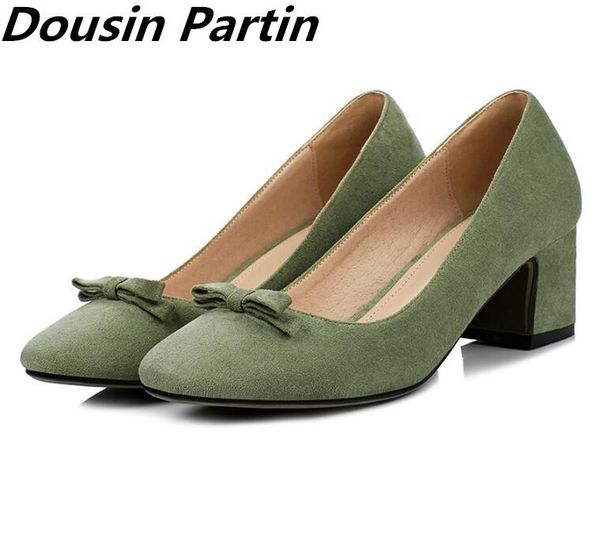 

dress shoes dousin partin 2021 fashion women pumps thick high heels round toe wedding bowtie zapatos mujer, Black