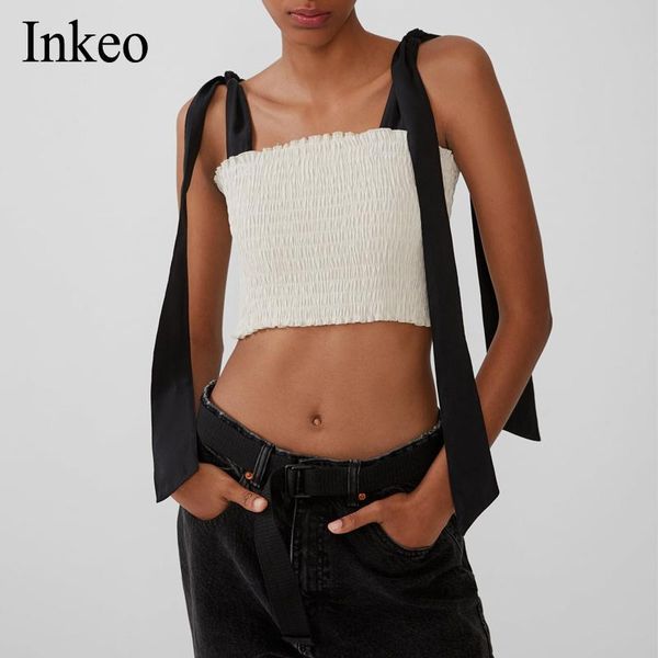 

women's tanks & camis women elastic crop with bow 2021 white black patchwork lace up short tank party club wear chic inkeo 9t181