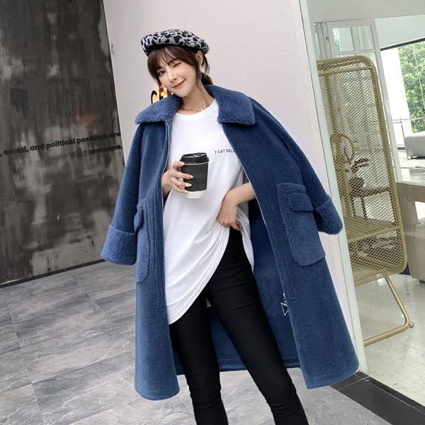 

women's wool & blends 2021 autumn and winter coat korean version of the long loose collar pocket granules fluffy female, Black