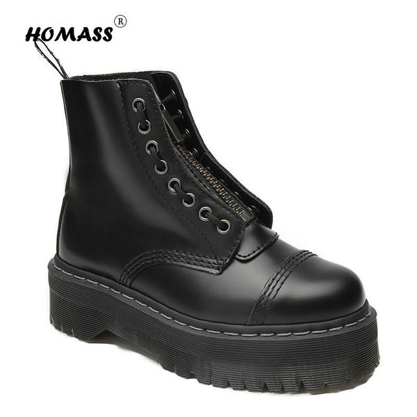 

boots 2021 winter motocyle women platform 6cm genuine leather zipper ankle high waterproof boot shoes, Black