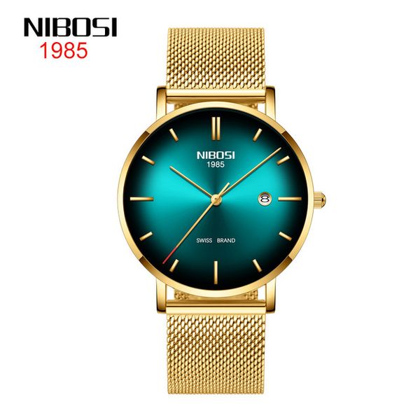 

16 style nibosi men's fashion watch calendar waterproof men's watch mesh with casual quartz watch 41mm gold shell green dail, Slivery;brown