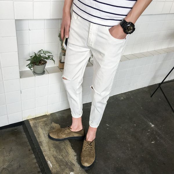 

korean style 2021 fashion handsome cut gat jeans men teen feet slim casual broek summer trend single men's pencil, Blue