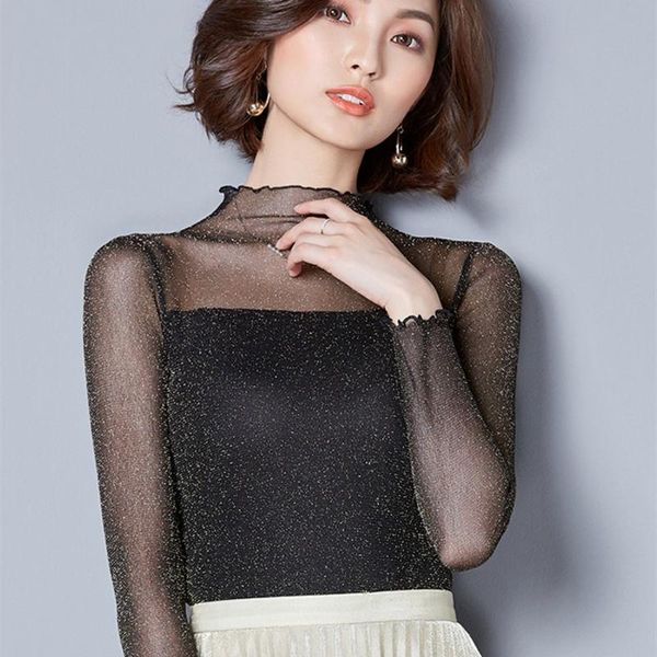 

women's t-shirt autumn large screen bottomed shirts women versatile perspective lace long sleeve high collar shirt p2317, White