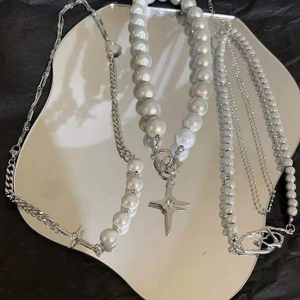 

2021 korea unique design luminous beads pearl stitching necklace choker cross pendant clavicle chain fashion sweet party jewelry, Silver