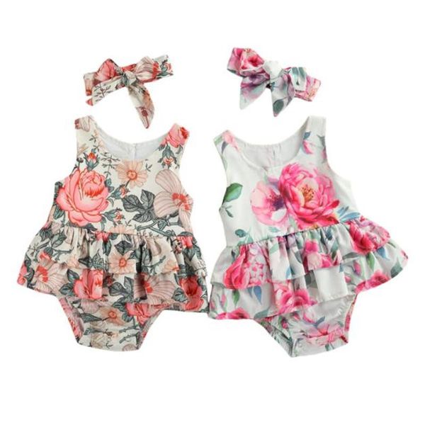

clothing sets baby girls two-piece clothes set floral printed pattern bodysuit round collar sleeveless romper and headdress 0-18 months, White