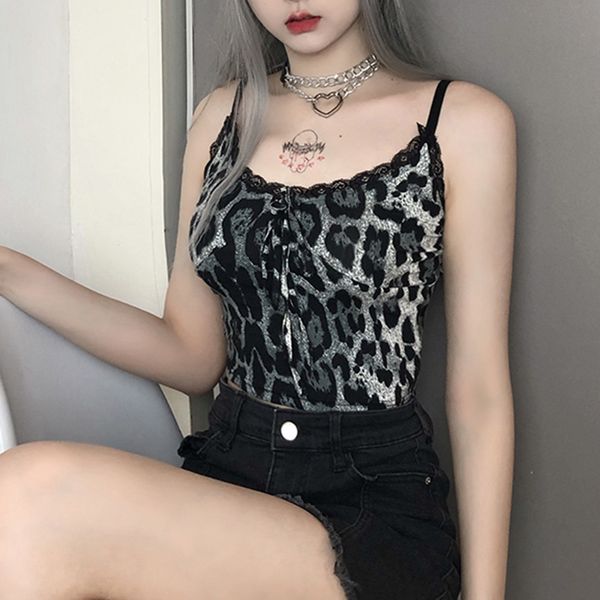 

streetwear slim backless lace leopard camisole gothic women splice bow tank female summer nightclub party, White