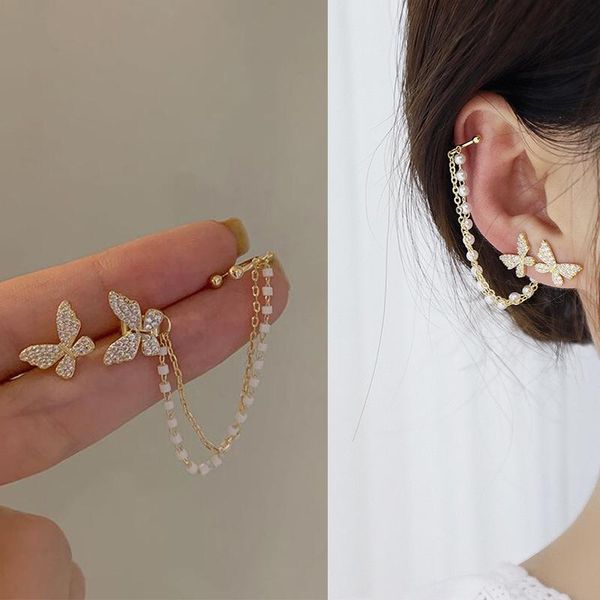 

dangle & chandelier korean elegant cute rhinestone butterfly stud earrings for women girls fashion metal chain boucle d'oreille jewelry, Silver