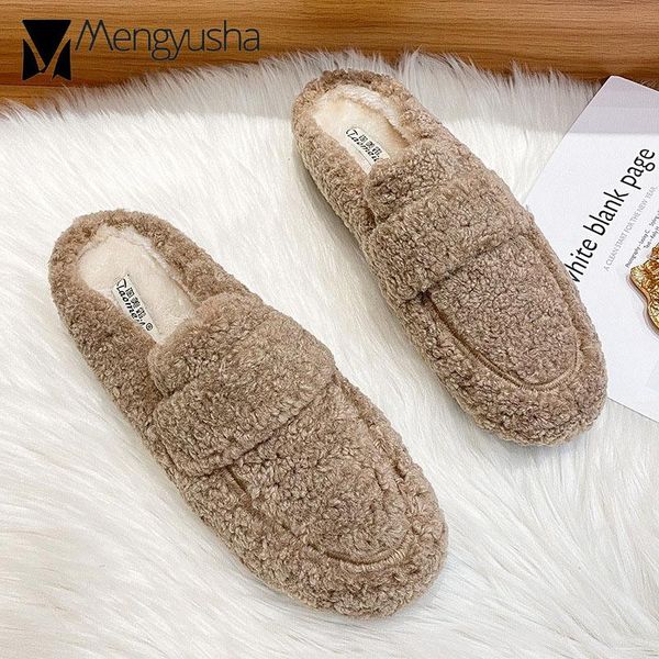 

slippers winter women house lamb fur fashion warm shoes woman slip on flats female slides round toe cozy home furry, Black