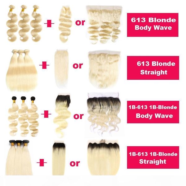

blonde 1b blonde brazilian virgin human hair extension 613 1b-613 straight body wave ombre hair bundle deals with closure frontal hair weave, Black