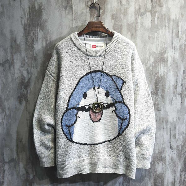 

fashion sweater shark smiley face men's autumn and winter loose thickened outer wear trend lazy wind couple knitting, White;black