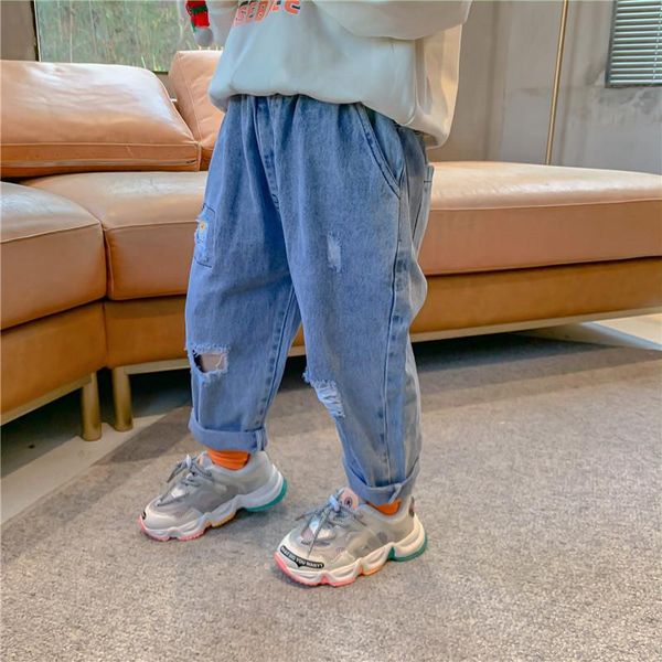 

jeans 2021 stylse girls boys holes denim long pants spring fashion kids, Blue