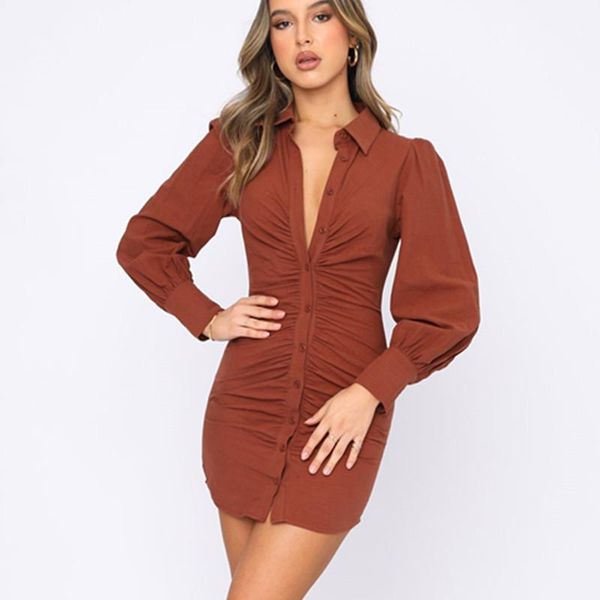 

casual dresses fashion party ruched bodycon dress women long sleeve turn-down collar buttoned mini vestidos solid female clothing autumn, Black;gray