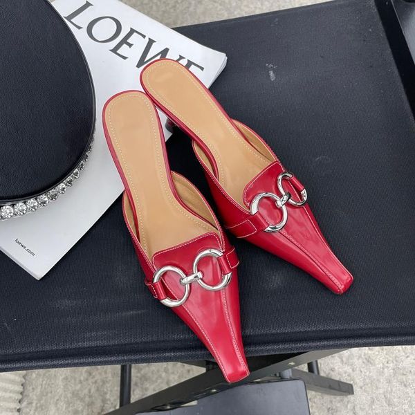 

2021 summer women slipper fashion metal buckle brand ladies slip on mules shoes thin low heel pointed toe slides outdoor shoes, Black