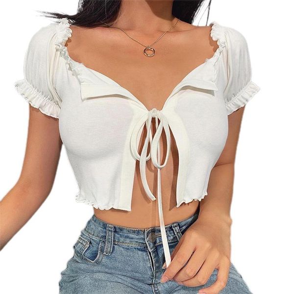 

women's t-shirt women daily solid color ruched tie up navel short sleeve casual lace, White