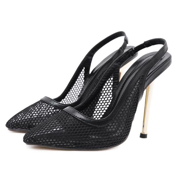 

dress shoes women high heels metal stiletto ladies breath mesh pointed toe pump summer party white black apricot