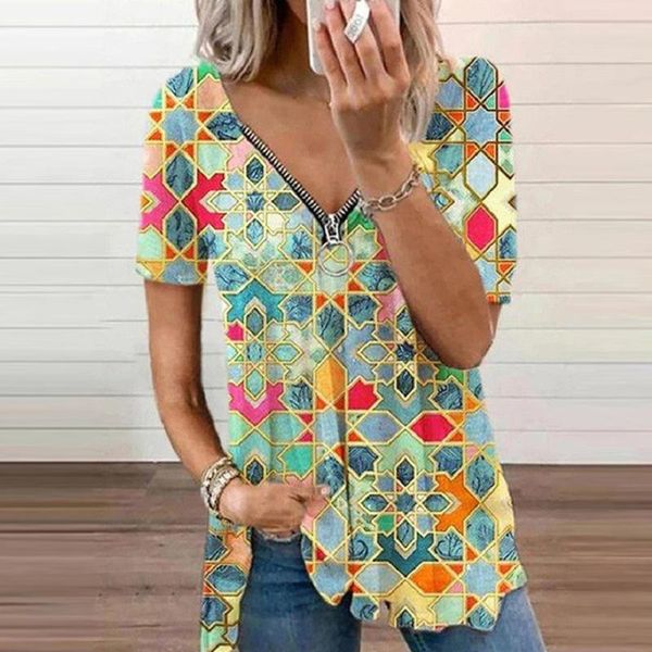 

women's t-shirt #l5 geometric print t shirt harajuku vintage tshirt women v-neck short sleeve loose casual tee t-shirts ladies, White