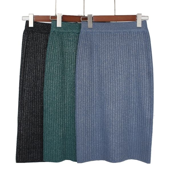 

new glitter 2021 high waist women knitted spring autumn fashion rib elegant midi female casual skirt ix8n, Black