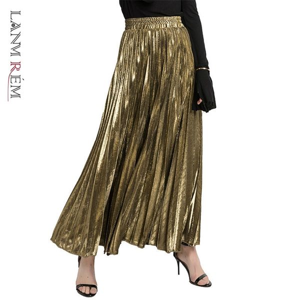

lanmrem new autumn fashion women clothes high waist a-line pleated sliver vintage elastic long halfbody skirt wh28501xl 210315, Black