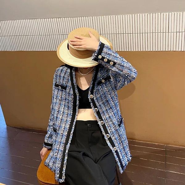 

women's jackets french style plaid tweed jacket v-neck single breasted small fragrance coat vintage chic women autumn winter cropped, Black;brown