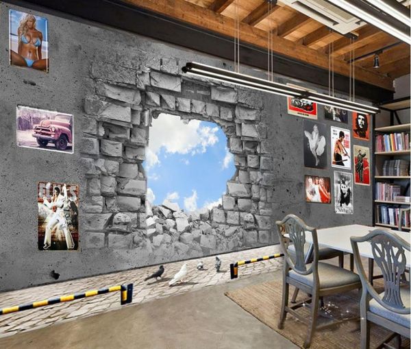 Tapeten 3D-Tapete für Raum stereoskopische kreative Nostalgie gebrochene Ziegelmauer Hintergrund Sky Po Murals