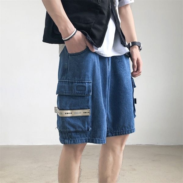 

2021 summer men's new student work cowboy cargo shorts tide loose fashion trend pocket decoration blue color denim short m-2xl bqux, White;black
