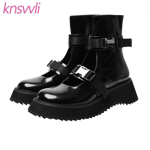 

boots cut outs woman metal buckle strap thick sole rome shoes women casual platform short flat motorcycle1, Black