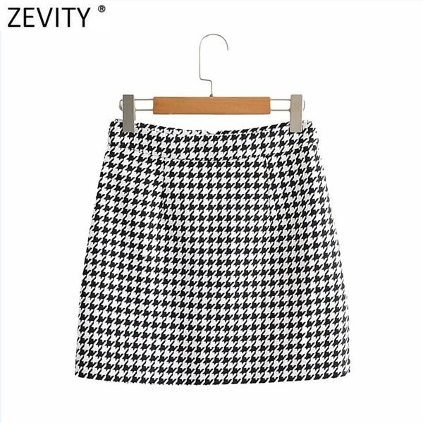 

zevity new women vintage houndstooth plaid print casual slim pencil skirt faldas mujer female back zipper chic vestidos qun707 210310, Black