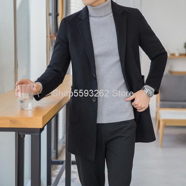 

men's wool & blends thicken business woolen coat male medium length money double-sided what about none cashmere zi, Black