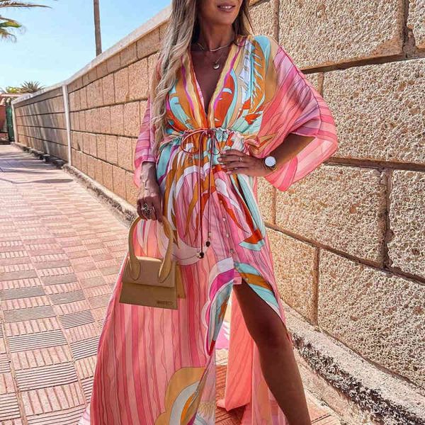 

summer dress womens elegant deep v neck geometric pattern maxi dresses women casual button elastic waist party dress, Black;gray