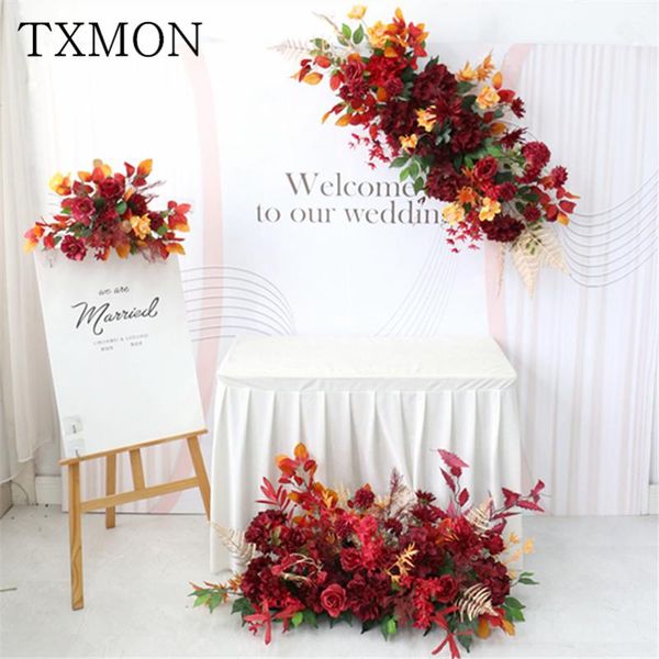 

red wedding high-end floral stage arch wall hanging flower row long strip layout simulation silk ground row flowers road guide