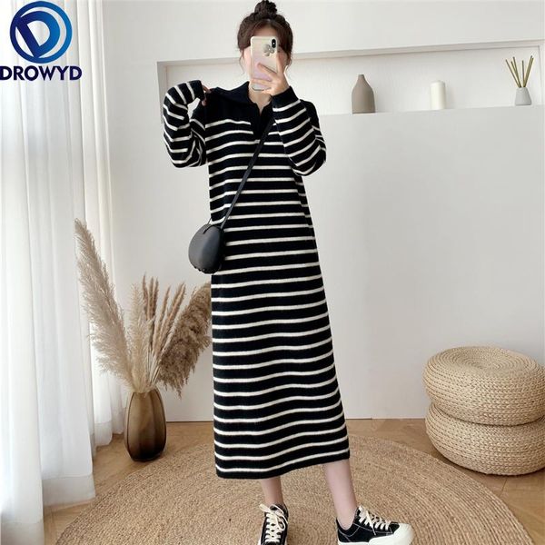 

casual dresses 2021 autumn and winter collar long striped loose sweater skirt bottoming knitted dress women stretch pullover, Black;gray