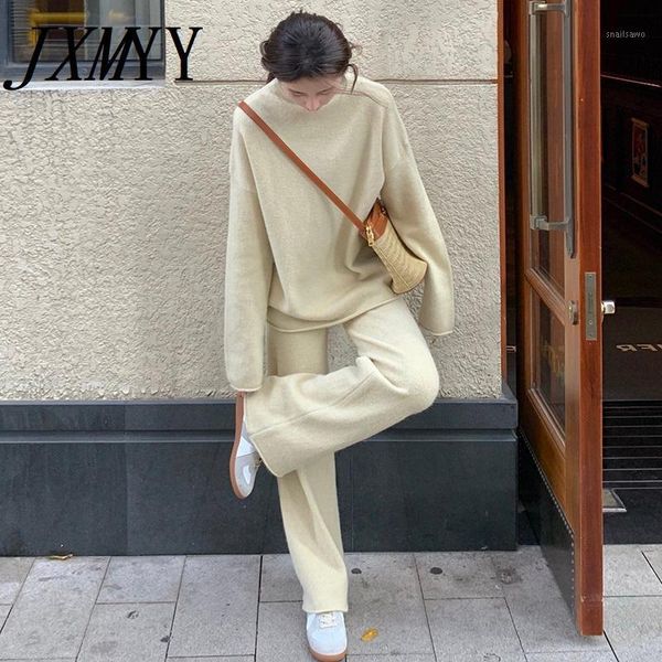 

women's two piece pants jxmyy autumn and winter casual loose lazy style long-sleeved sweater + wool wide-leg suit women, White