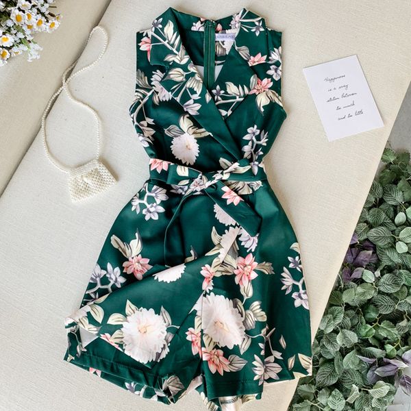 

2021 summer blue/pink/green flower floral jumpsuits women sleeveless notched collar rompers female sashes wide leg boho romper ef2l