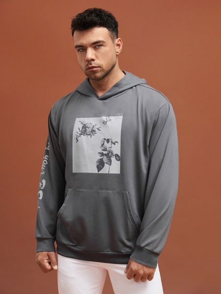 

extended sizes men slogan & floral print kangaroo pocket hoodie f2aw#, Black