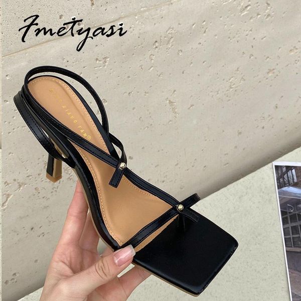 

dress shoes women sandals t-strap lace-up high heels metal decoration narrow band 2021 solid summer front rear strap sweet fashion, Black