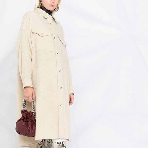 

women's wool & blends women woolen mid-length coats 2021 turn-down collar straight single breasted long sleeve lady hem slit jacket aut, Black