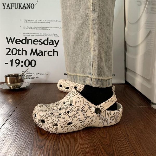 

fashion graffiti hole shoes outdoor summer wading sneaker non-slip thick-sole sandals couple beach slides home slippers unisex, Black