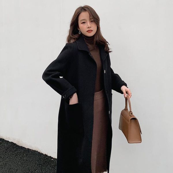 

women's wool & blends qingcang 2021 winter wear medium and long small woolen coat handmade double-sided cloth temperament, Black