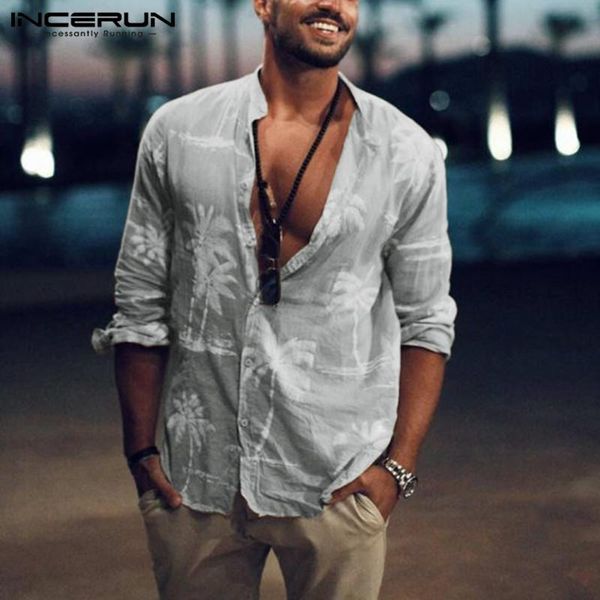 

autumn button floral chemise incerun leisure printed men shirts long sleeve stand collar loose camisa man cotton cozy blusas 3xl, White;black