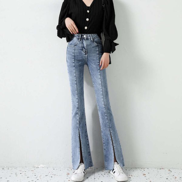 

2021autumn and winter 2020 new denim micro women's high waist split elastic slim casual flared pants, Blue