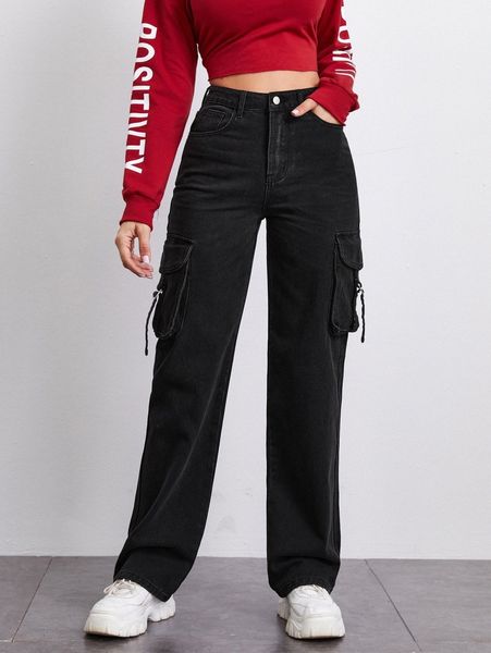 

high-rise flap pocket patched jeans d6he#, Blue