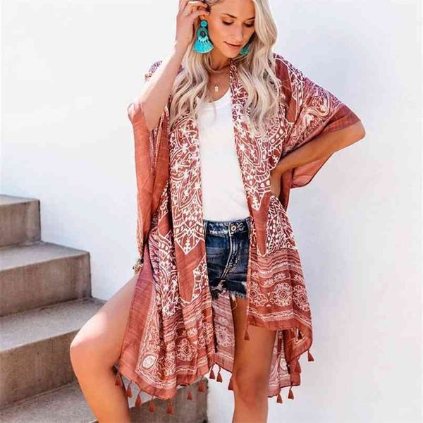 

bikini cover-ups boho printed fringed long kimono carfigan tunic women plus size beach wear swim suit cover up a196 210722, White;black
