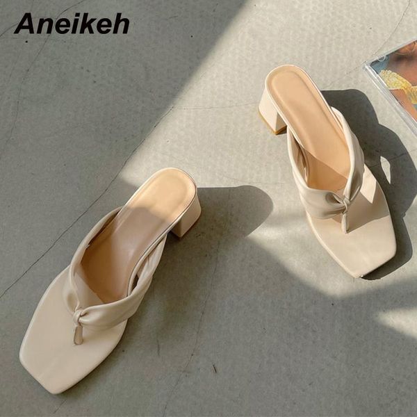 

slippers aneikeh women's shoes 2021 summer pu peep toe square heel retro shallow flip flops solid outside leisure rice white, Black