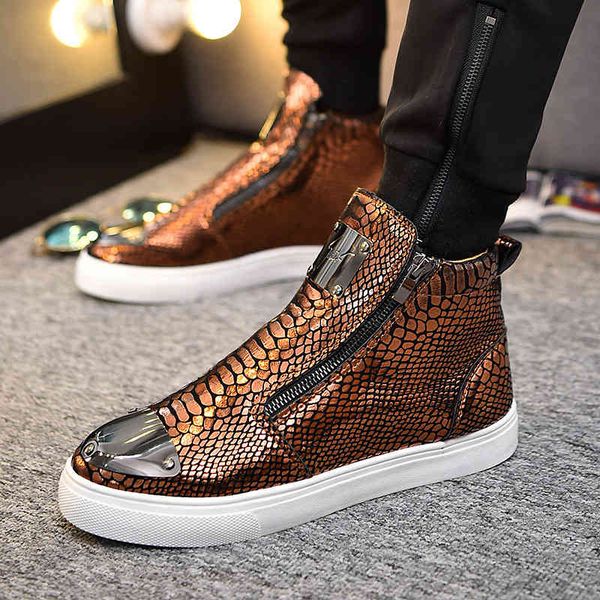 

dress shoes men's fashion western style golden slip-on high sneakers men autumn zipper streetwear platform man casual ql4u, Black