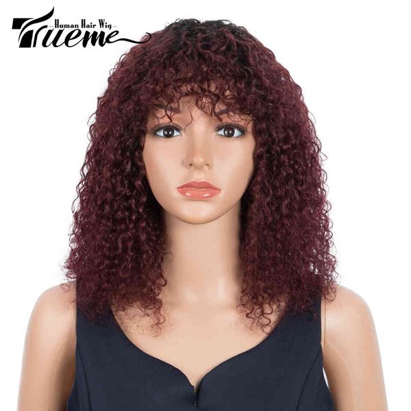 

trueme kinky curly wig with bangs remy human hair bob s for women fashion jerry full ombre 99j brown blonde color, Black;brown