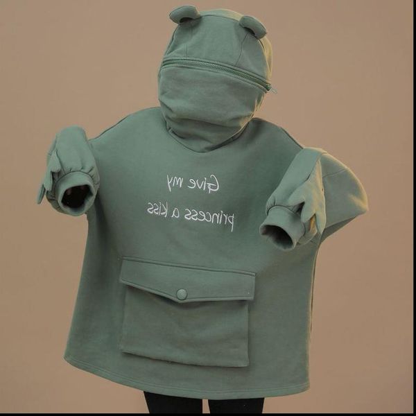

frog hoodie women autumn thick loose sweatshirt harajuku embroidery letters frog hoodies thicken pullover female oversize hot, Black