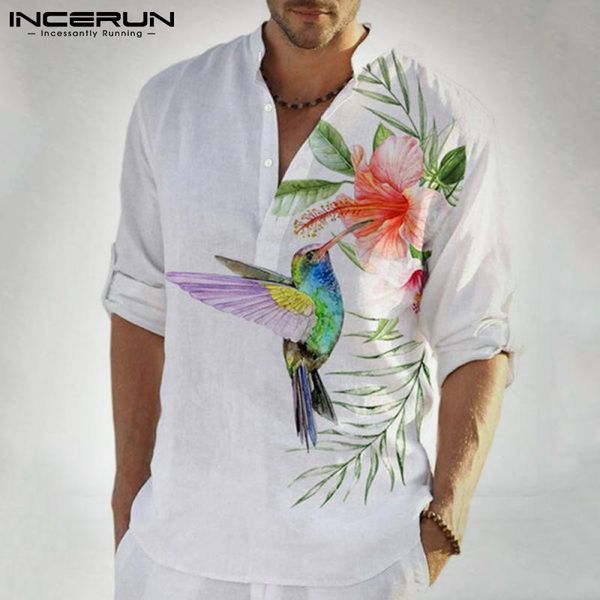 

men's casual shirts incerun blouse all-match american style streetwear flower bird printing half-placket long-sleeved shirt s-3xl 2021, White;black