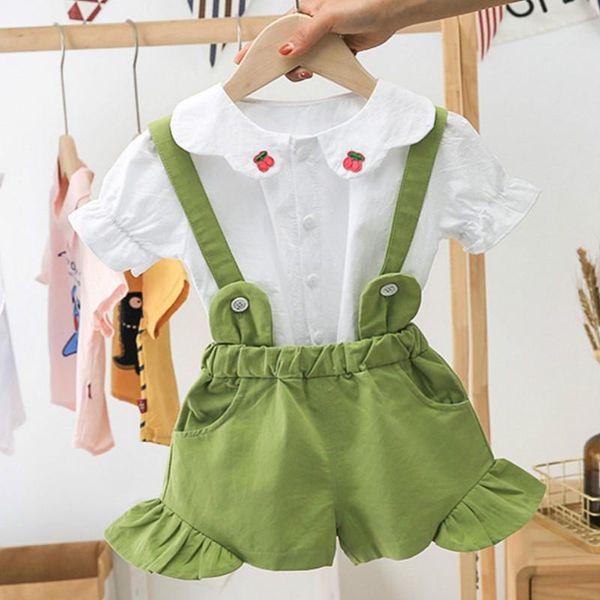 

80-110cm baby toddler girls outfits sets flower neck short sleeve + suspender ruffle short pant clothes suits, White